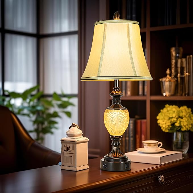 27'' High Vintage Table Lamp Set of 2 for Living Room Farmhouse Bedside Lamp with Fabric Shades Boho Nightstand Lamp with USB and Nightlight for Bedroom Home Office Hotel Bar (Bulb Included) - Bloomnest