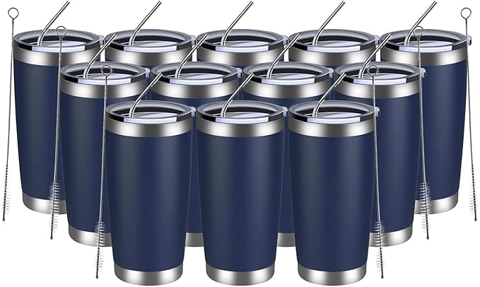 MEWAY 20oz Tumbler 12 Pack Double Wall Vacuum Insulated Travel Mug Bulk, Stainless Steel Tumblers with Lid and Straw, Durable Powder Coated Coffee Cups for Cold & Hot Drinks (Navy, 12) - Bloomnest