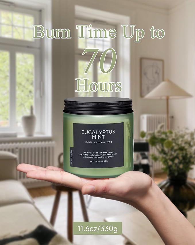 M&SENSE Eucalyptus & Mint Soy Candles for Home Scented, 11.6oz 70 Hour Burn Aromatherapy Candle Gift for Stress Relief, Meditation, Yoga, Relaxing SPA, Reusable Jar for Men and Women - Bloomnest