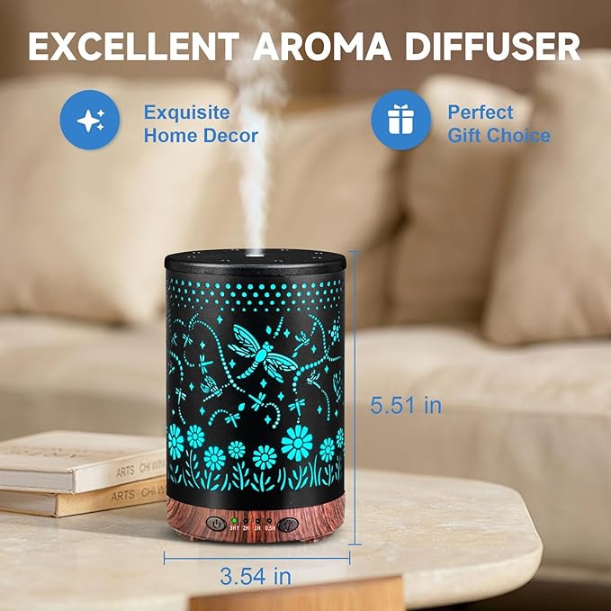 Essential Oil Diffuser 120ML Metal Aromatherapy Diffuser with Timer, Cool Mist Humidifier with Auto Shut-Off & 7 Color Lights for Home Office Spa (Dragonfly) - Bloomnest