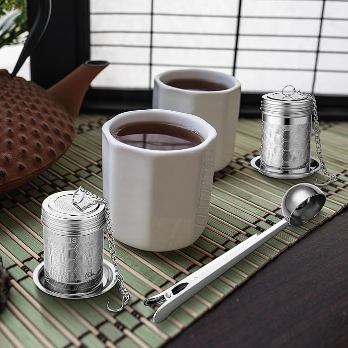 Umigy 4 Pcs Tea Infuser Strainers for Loose Tea with Scoop, Extra Fine Mesh Steeper 304 Stainless Steel Diffuser Leaf Holder with Extended Chain Hook for Brew, Spices, Seasoning - Bloomnest