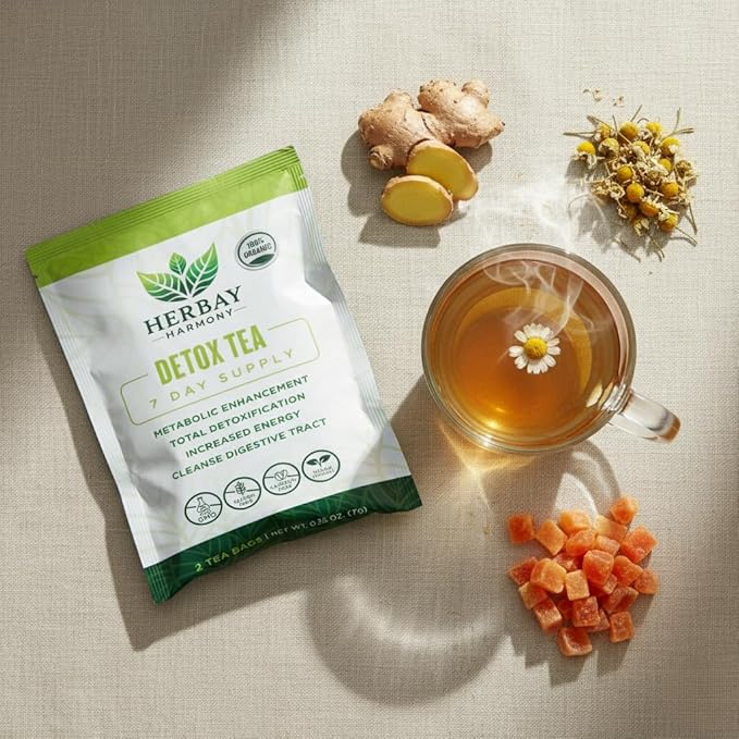 Herbay Harmony Organic Detox Tea – Caffeine-Free Herbal Cleanse for Bloating Relief, Digestive Tea & Natural Body Detox, Organic Herbal Blend with Ginger, Chamomile & Papaya - 12 Pack (12 Week Cleanse) - Bloomnest