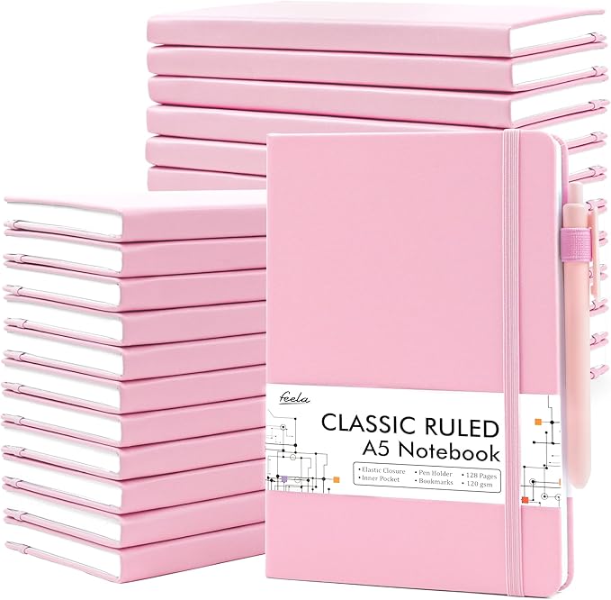 feela 24 Pack Journal Notebook Bulk for Work, Business Notebook Hardcover Lined Writing Journal with Pen Holder for Men Women Note Taking, with 24 Black Pens, 120 GSM, 5.1”x8.3”, A5, Rose Pink - Bloomnest