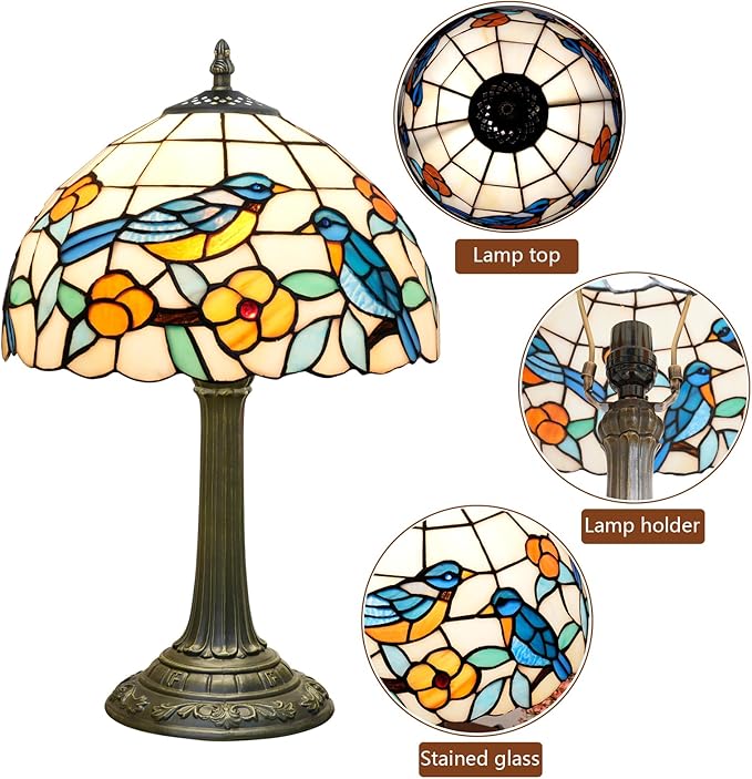 Hummingbird Lamp Stained Glass Table Lamp Tiffany Lamps for Bedroom Living Room Bedside Home Office Vintage Style Bird Flower Farmhouse Hotel Bar Decor Night Stand Desk Reading Light 12x12x19 Inch - Bloomnest