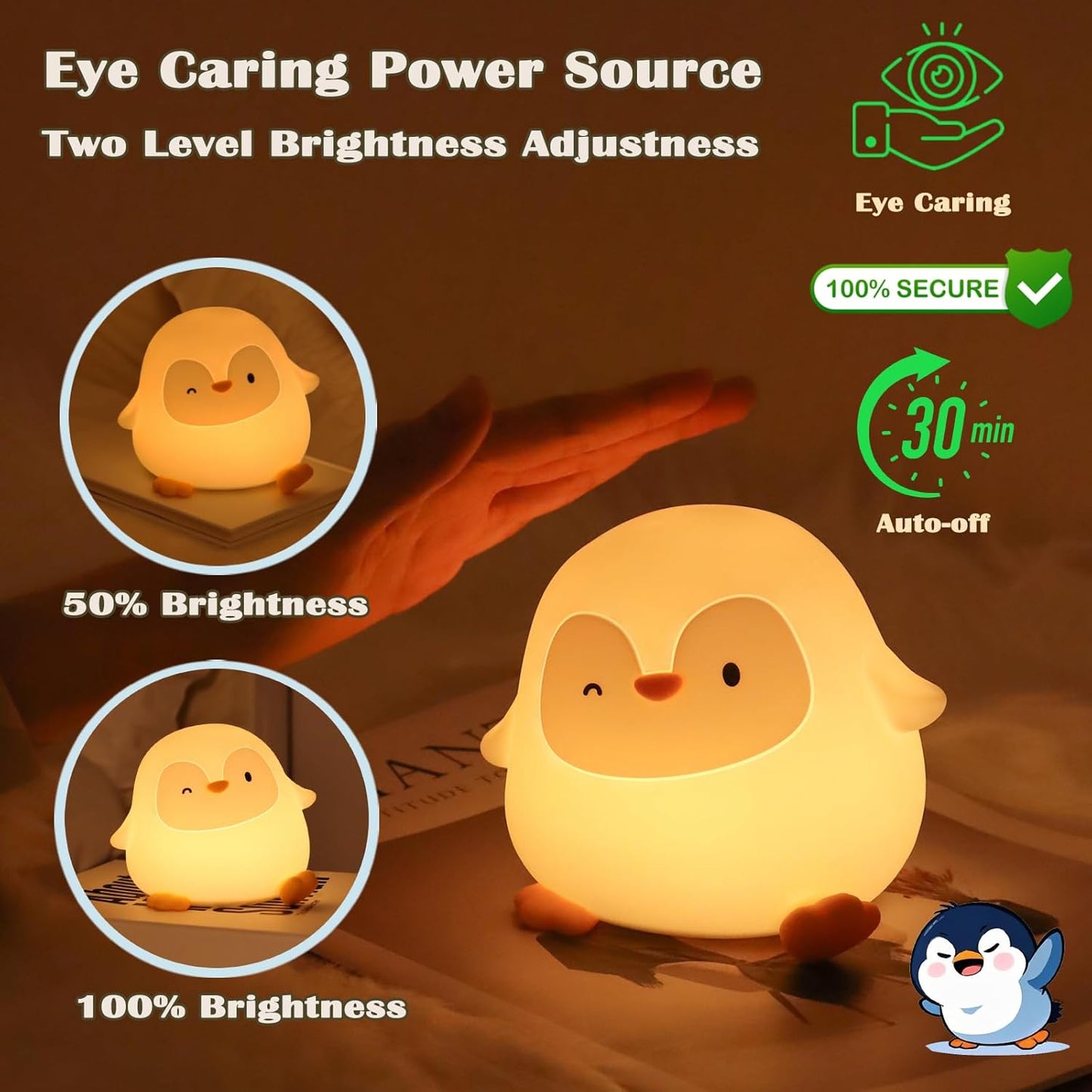 Penguin Night Light with Squishy Soft Silicone, RGB Flashing Color, Dimmable Rechargeable Portable Touch Penguin Gifts Decor for Girls Boys