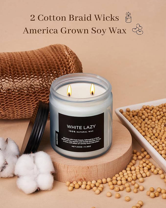 M&SENSE Jasmine & Clean Cotton Spring Scented Candle, 11.6oz Aromatherapy Gifts 2 Wick 70 Hours Long Lasting Burn, Natural Organic Soy Candle, Housewarming Gifts for Dad Mom Friends - Bloomnest