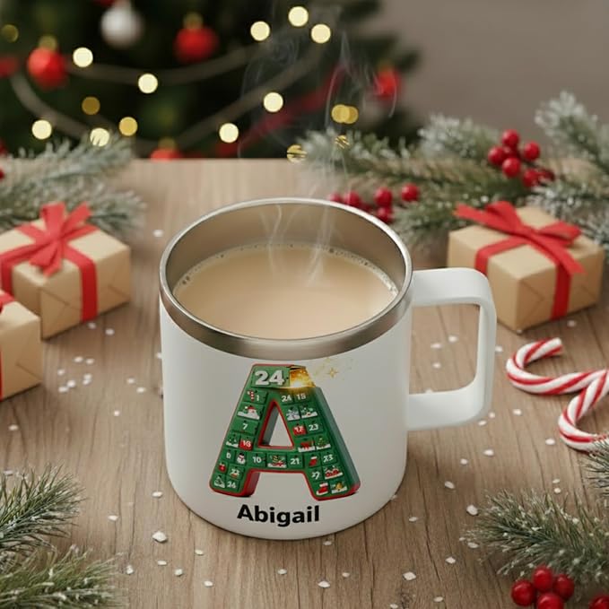 Personalized Christmas Advent Calendar Mug with Custom Name & Initial - 14oz Insulated Stainless Steel Tumbler with Handle & Lid - Unique Holiday Countdown Gift for Women, Men, Family (B62) - Bloomnest