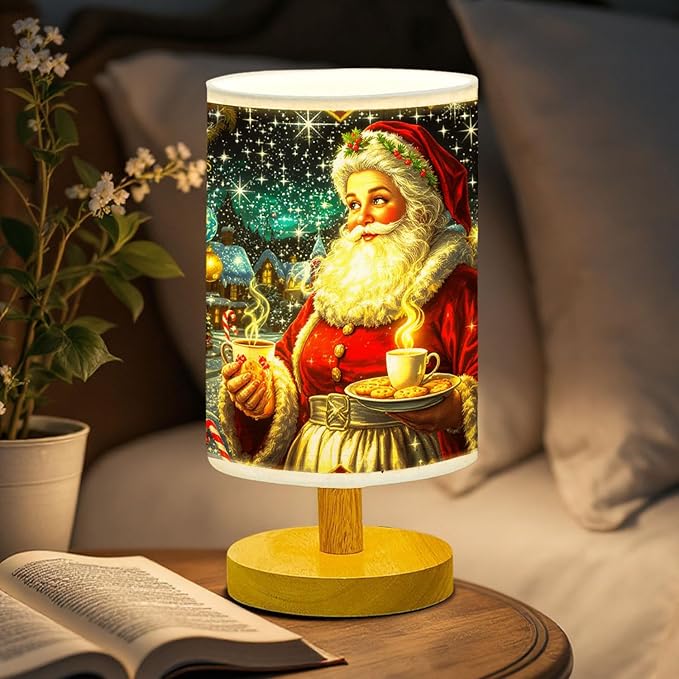 Mrs. Claus Table Lamp LED 3-Color Pressed Bedside for Merry Christmas, Mrs. Claus Shade Christmas Table Lamp with Wood Base for Bedroom Living Room Desk Office - Bloomnest