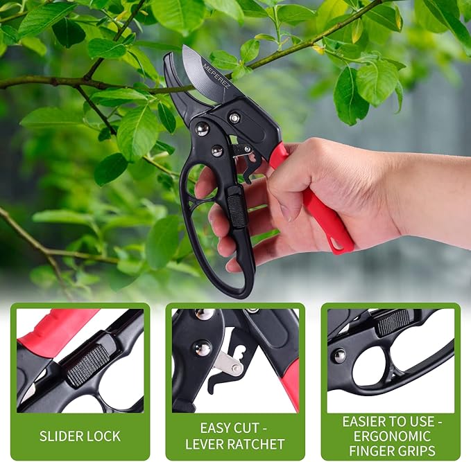 Ultra Sharp Germany Steel Pruning Shears - Cuts 3X Easier, Weak Hand Arthritis Snips, Rust-Resistant, Effortlessly 1-Inch Cut Capacity Garden Scissors, Ergonomic Handle (Reddish balck) - Bloomnest