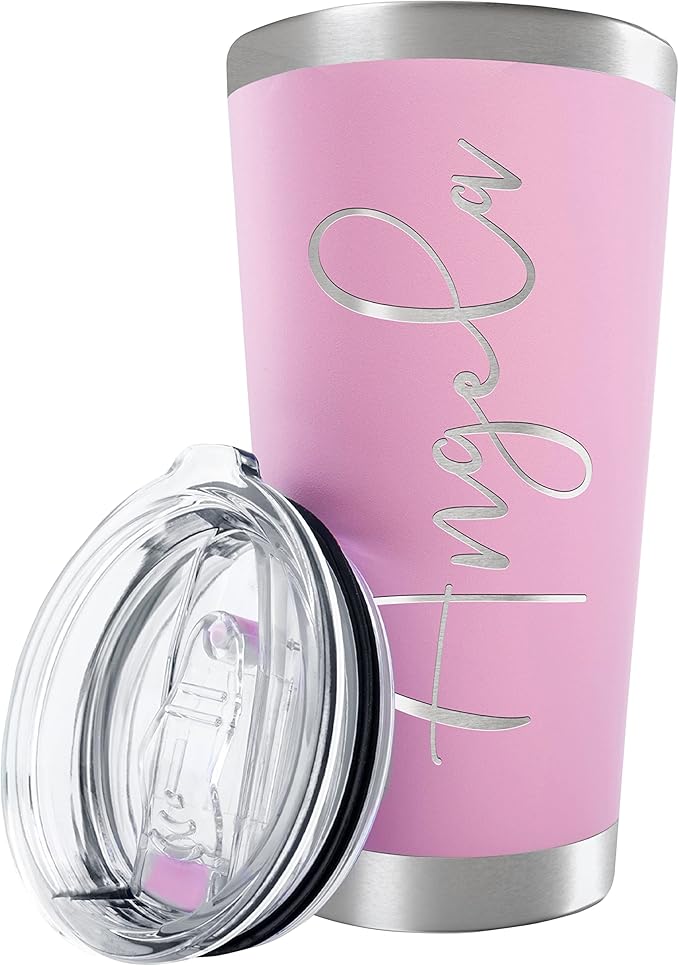 Personalized Tumbler with Engraved Name - 12 Designs, 20 Oz Coffee Tumbler with Slider Lid, Soft Pink, Double Wall Insulated - Custom Gifts for Women - Bloomnest