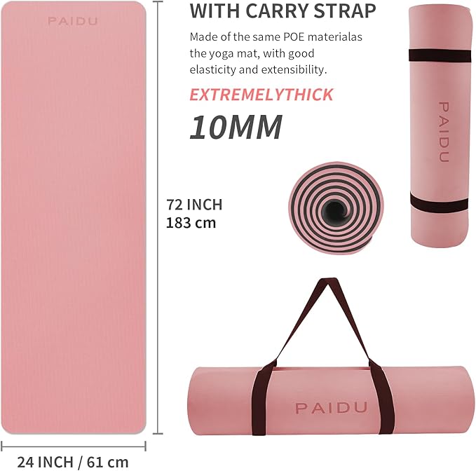 Yoga Mat Non Slip Anti-tear,extra thick-2/5 inch（10MM）High Resiliency Professional POE Yoga Mats for Women Men Kids,72"x24"inch,Workout, Yoga, Pilates and Floor Exercise, with Carrier Strap