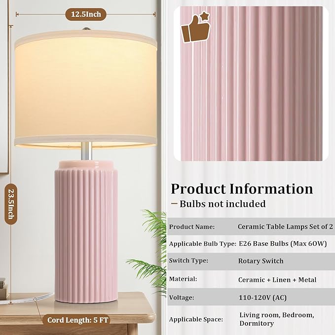 23.5’’ Modern Pink Table Lamps Set of 2 for Living Room, Ceramic Bedside Lamps with White Linen Shade for Girls Room, Rustic Nightstand Lamps for Bedroom Home Office, Cute Lamps for End Table Dorm - Bloomnest