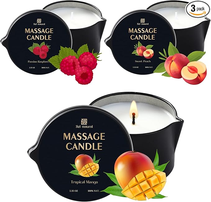3 Pack Massage Oil Candles 2.35oz Low Temp Massage Candles 3 Scent Spa Therapy Body Oil Home Gift for Relaxation, Couples, or Self-Care (2.35 oz, Sweet Peach, Passion Raspberry, Tropical Mango) - Bloomnest