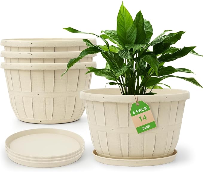 Quarut 14 Inch Plastic-Flower-Pot-for-Indoor-Plants, 4 Pack Large Outdoor Planter Pot with Drainage Holes & Saucers, Resin Decorative Garden Pots Planters（White） - Bloomnest