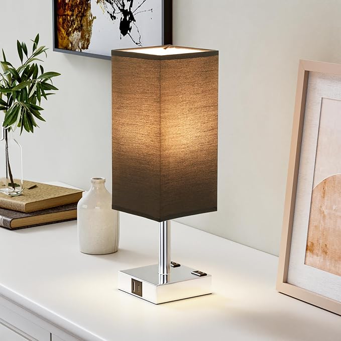 Touch Bedside Table Lamp for Nightstand - 3-Way Dimmable Night Lamp with USB A + Type C Charging Ports and Two AC Outlets, Small Desk Light with E26 LED Bulb for Bedroom Living Room Dorm Office,Black - Bloomnest
