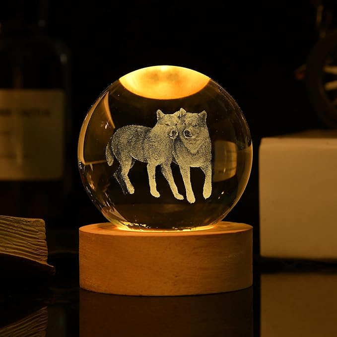 3D Wolf Crystal Ball with LED Light Base, 60mm Glass Sphere Decorative Balls, Wolf Figurine Lamp Gifts for Women Kids - Bloomnest