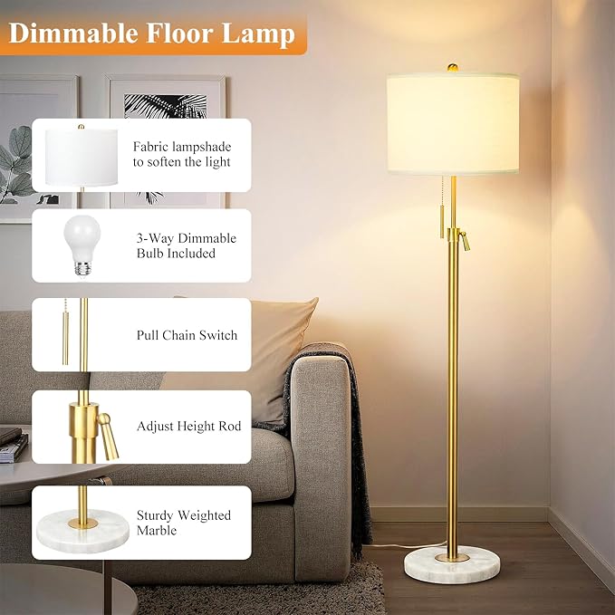 【Upgrade】 Gold Floor Lamps for Living Room, 55"-67" Height Adjustable Modern Standing Lamp with Marble Base, Pull Chain Switch, 3-Way Dimmable Tall Pole Lamp for Bedroom Office Reading, Bulb Included - Bloomnest