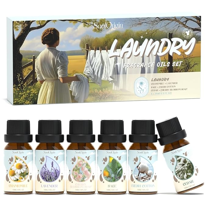 Laundry Fragrance Oils Set, Essential Oil for Diffuser, Aromatherapy Gift, Clean Scent Diffuser Oil, Use with Wool Dryer Balls,Chamomile, Fresh Cotton, Sage, Cedar, Lavender, Cherry Soap - Bloomnest