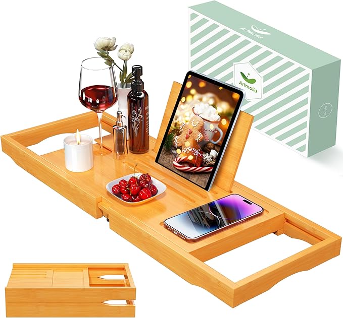 Artmalle Bathtub Caddy Tray for Tub, Expandable Bamboo Bath Table Tray with Book Stand for Home Spa Relaxing, Foldable Minimalist Bathroom Accessories for Women Men (Simple, Natural) (Natural) - Bloomnest