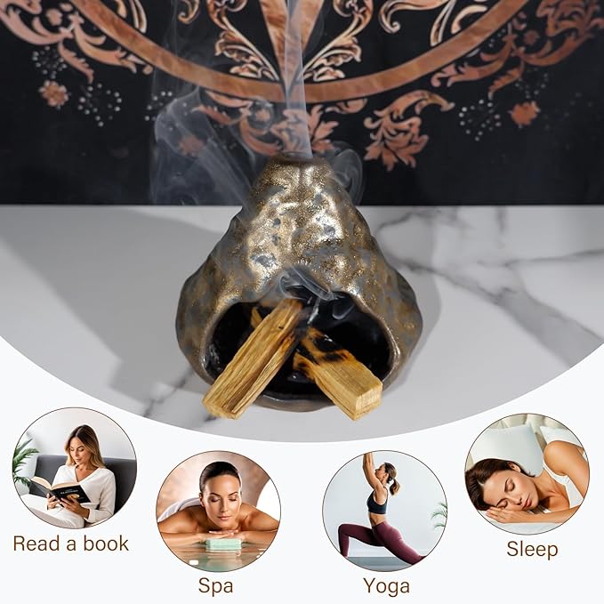 Black Gold Palo Santo Incense Burner-Unique Zongzi-Shaped Clay Smudge Bowl for Sage,Copal, and Stick Incense-Mini Chiminea for Zen Meditation,Yoga,Altar,Aromatherapy & Energy Cleansing Decor MOUGIGI