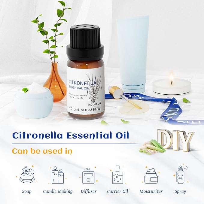 HIQILI 0.33 Fl Oz Citronella Oil for Homemade Sprays, Add to Diffuser, 100% Pure and Natural Undiluted, Portable - 10ml - Bloomnest
