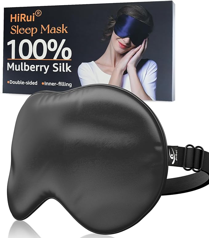 HiRui Silk Sleep Mask, 100% Natural Mulberry Silk of Double-Sided & Inner-Filling, Ultra-Smooth Soft, Adjustable Strap, Blocks Light for Night Sleeping, Travel, Office Naps (Black) - Bloomnest
