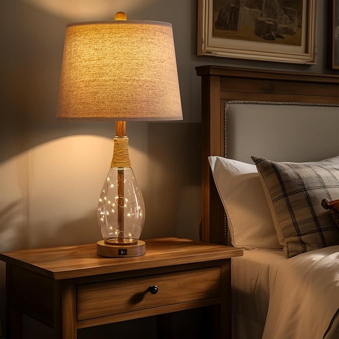 OYEARS Table Lamp Sets of 2,Lamps for Living Room,Bedside Lamps with USB A+C and Nightlight,Retro Farmhouse Rattan Glass,for Bedroom Living Room Bedroom,Two Light Points,23" - Bloomnest