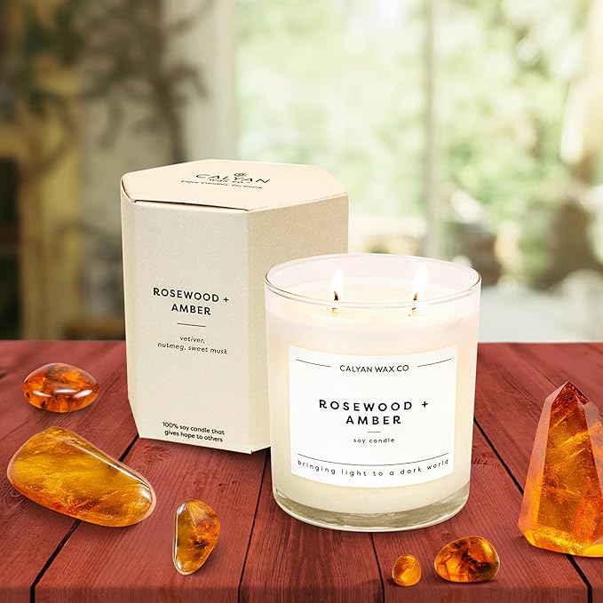 Calyan Wax Co. 2 Wick Candle, Rosewood + Amber Scented Candle, 37 Hour Burn Time, Aromatherapy Soy Candles, Non Toxic & Vegan Soy Wax, Glass Tumbler Scented Candles, 12.5oz - Bloomnest