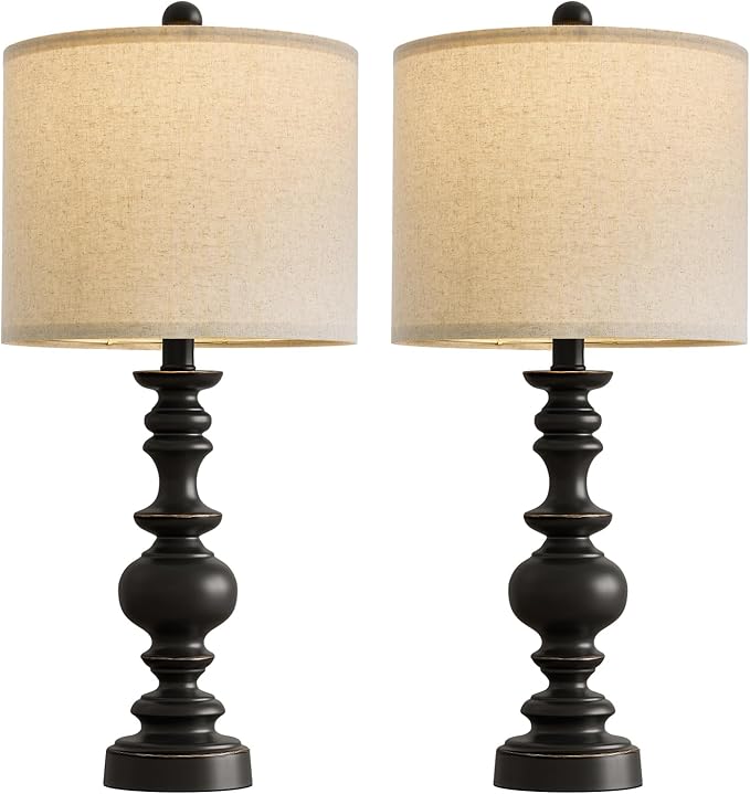 BOBOMOMO 24" Traditional Farmhouse Table Lamp Set of 2, Vintage Resin Lamps for Living Room Bedroom, Rustic Nightstand Lamp with Linen Shades, Retro Black Table Lamps for Living Room, Bedroom, Office - Bloomnest
