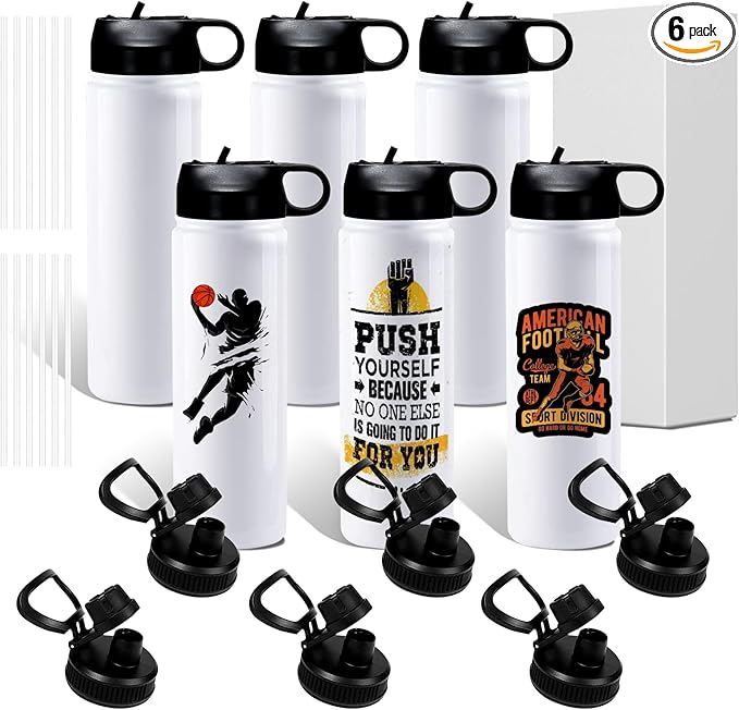 BetterSub 20oz Sublimation Sports Water Bottle Stainless Steel Insulated White Tumbler with Wide Mouth Lid and Straw 6 Packs - Bloomnest