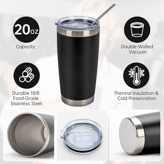 IEOVIEE 32 Pack 20oz Stainless Steel Bulk Tumblers with Lids and Straws Double Wall Insulated Travel Mug Durable Powder Coated Tumbler Bulk Cup for Cold and Hot Drinks(Black) - Bloomnest