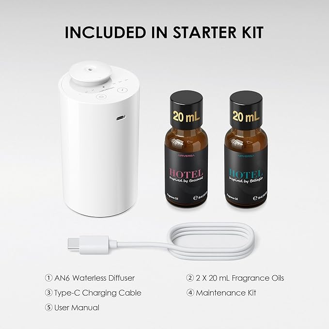 Airversa Waterless Essential Oil Diffuser Starter Kit with 2x20mL Hotel Fragrance Oils, Cordless Nebulizer for Car Home Office, Up to 600 sq ft, Mist/Timer Settings, Baterry Operated, AN6Kit-3, White - Bloomnest