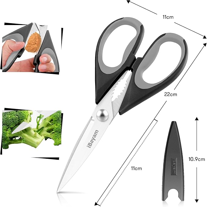 Kitchen Gadgets Utensils Set for Home, iBayam 8.5" Kitchen Scissors with Sheath, Black Cooking Scissors, All Purpose Shears - Bloomnest