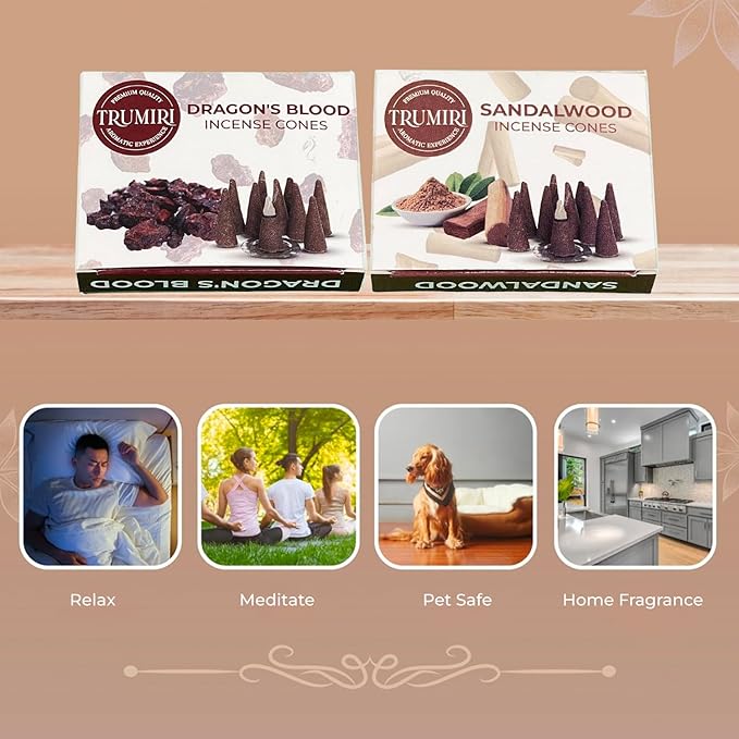 TRUMIRI Incense Cones - Combo Pack of 20 Cone Incense - 10 Dragons Blood + 10 Sandalwood - Insence Cones - Incense Cones Scented - Cone Incense Scents - Insense Cones - Incent Cone TRUMIRI