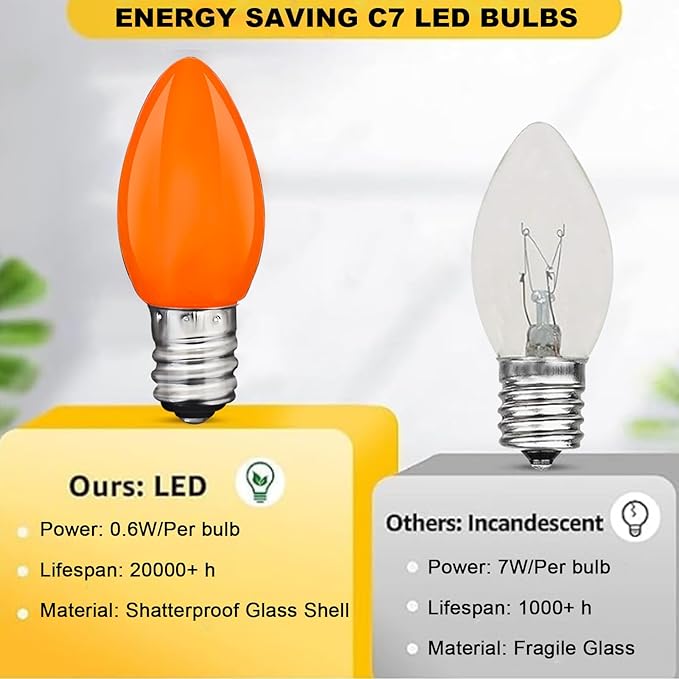 C7 Orange LED Light Bulbs, 25-Pack E12 Base, Halloween & Outdoor String Lights, Waterproof, Energy-Efficient Night Light Bulbs, Replacement Bulbs for Porch, Patio, Yard & Holiday Decor - Bloomnest