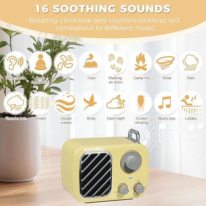 Vintage Style White Noise Machine – Portable Sleep Sound Device with 16 Relaxing Sounds, Timer & Stepless Volume, Rechargeable Sleep Aid & Gift for Teens, Kids, Baby, Travel & Office (Yellow) - Bloomnest