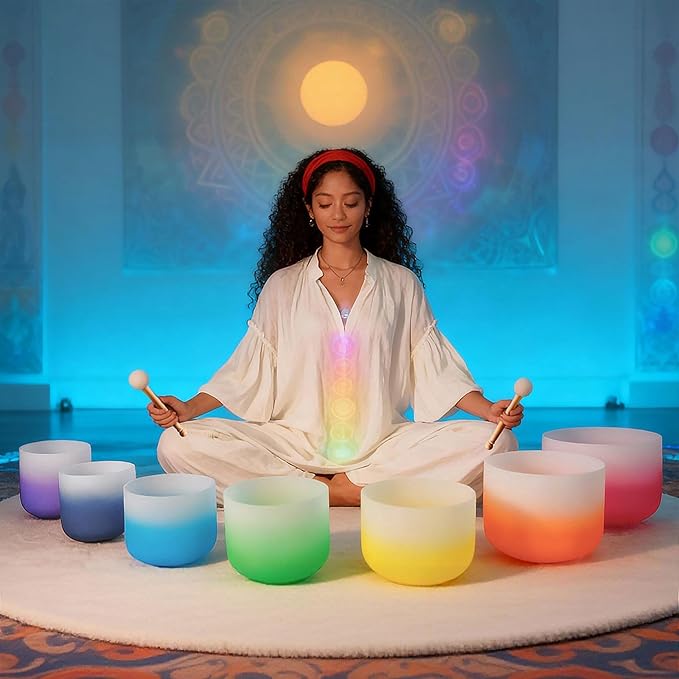 RYAN DVAN 432hz 6-12 Inch Set of 7 Pcs Gradient Design Quartz Crystal Singing Bowl Chakra Set Sound Therapy for Yoga, Reiki, Chakra Healing Energy Tuning & Mindfulness Kit - Bloomnest