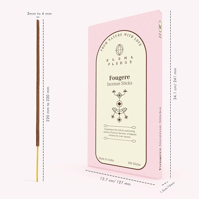 Fougere Incense Sticks, Organic Hand Dipped 100 Sticks with Natural Herbs & Aromatic Ingredients, Burn Time 45 to 60 Minutes, Incense for Positivity, Yoga, Meditation, Relaxation, Spiritual Gift KARMAPLEDGE