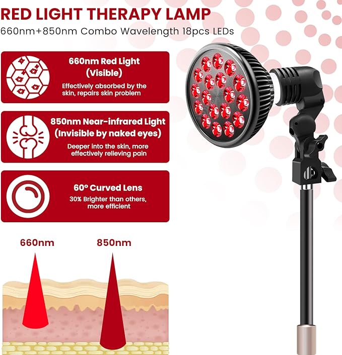 Wolezek Red Light Therapy Lamp - LED Face & Body Treatment, Adjustable Stand 10-16.5in, 18 LEDs 660nm & 850nm Combo WOLEZEKLED