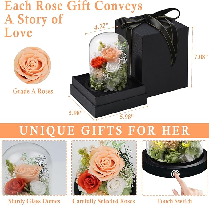 FIACO Preserved Flowers Rose Gifts for Women, Birthday Gifts Eternal Rose in Glass Dome Long-Lasting Real Forever Flowers Gifts for Mom Grandma Wife Girlfriend - Bloomnest