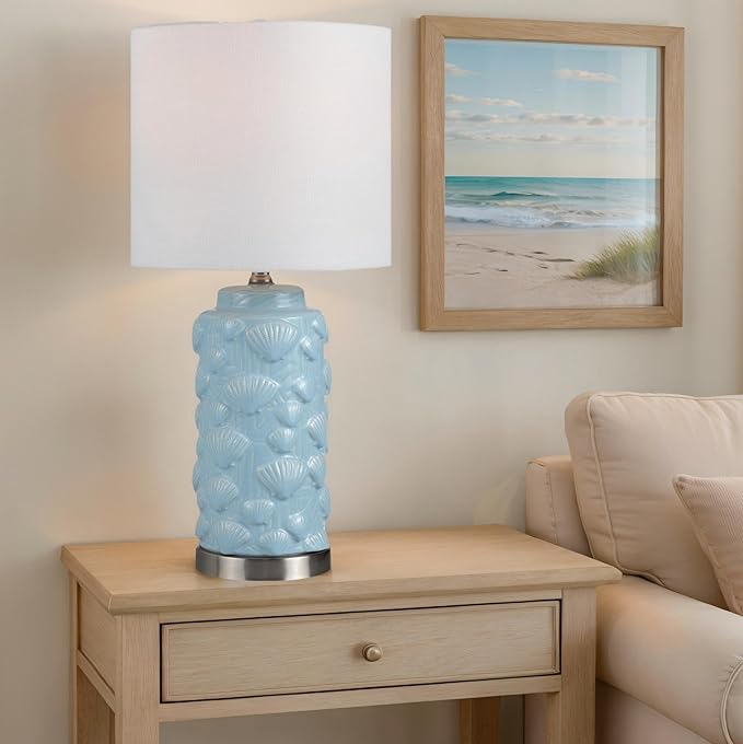 Crestview Collection Ceramic Coastal Table Lamp,23" Blue Seashell Lamp with Linen Shade, Ocean Nautical Home Decor for Nightstands or End Tables, Beach Style Lamp for Bedroom, Living Room, or Entryway - Bloomnest