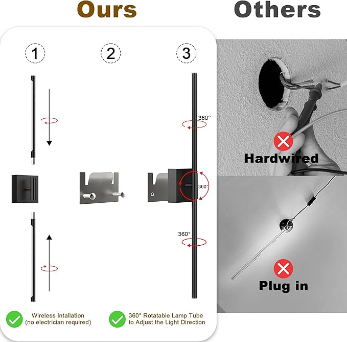 31.5 Inch Battery Operated Wall Sconce Set of Two, 8000mAh USB Rechargeable Wall Sconce with Remote Control, 360°Rotate Dimmable 3000K-6000K LED Wall Lights for Living Room, Hallway, Bedroom, Black - Bloomnest