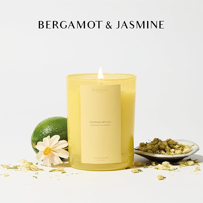 Bergamot & Jasmine Scented Candle | 11oz, 60 Hour Burn | Natural Soy Wax, Cotton Wick | Holiday Candles | Christmas Scented Candles for Home | Benevolence LA Sun-Kissed Collection - Morning Ritual - Bloomnest
