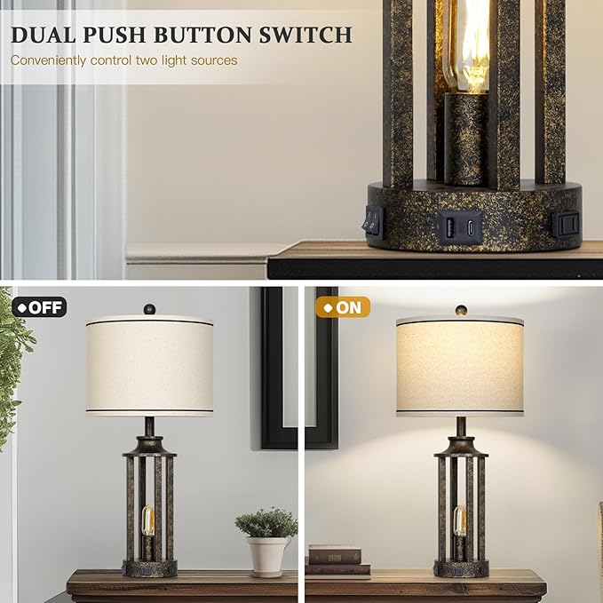 27.5" Bronze Farmhouse Table Lamps for Living Room, Tall Vintage Lamps Set of 2 with USB A+C Charging Port & AC Outlet, Rustic Bedside Lamp with Night Light, Bedroom Lamp for Nightstand Side End Table - Bloomnest