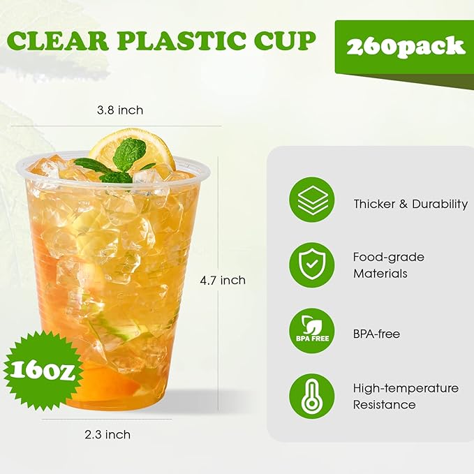 Lilymicky 260 Pack 16 oz Clear Plastic Cups, Cold Disposable Plastic Drinking Cups for Parties, Picnic, BBQ, Travel, and Events - Bloomnest
