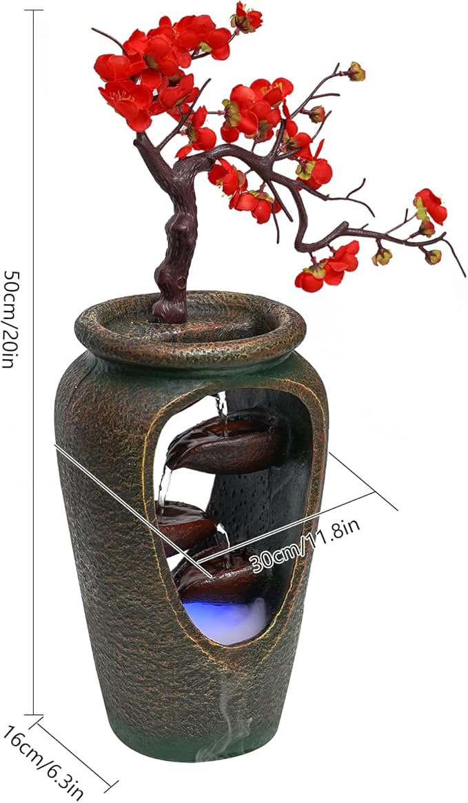 20" Flower Vase Style Bonsai Waterfall Fountain Tabletop Decorative Waterfall with LED Lights and Atomizer, Desktop Water Fountains for Living Room, Cafe Or Office - Bloomnest