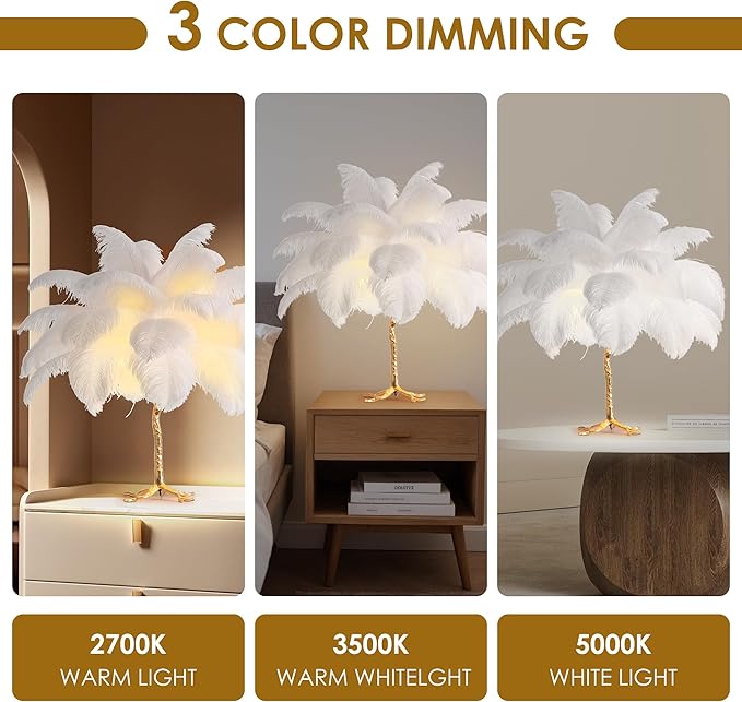 MAYOLA Modern Ostrich Feather Table Lamp with Plug in Wire,3-Light Bedside Floor Lamp for Living Room, Bedroom and Office 24” Tall Feather Desk Lamp (White, Table Lamp-Resin) - Bloomnest
