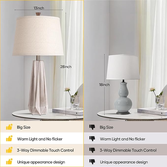 WIHTU 3 Color Temperature Table Lamps Set of 2, Beside Lamp with Linen Shade, 27'' Light Wood Color Modern Table Lamp for Living Room, Resin Desk Lamp for Nightstands Bedroom Decor (2 Bulbs Included) - Bloomnest