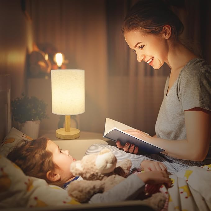 6.3in Bedside Table Lamp for Bedroom, Minimalist Nightstand Lamp with Round Fabric Linen Shade,Study Reading Desk Lamp for Kids Room, Night Table Lamp for Living Room, College Dorm, Home, Office - Bloomnest