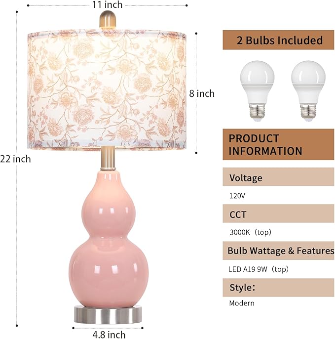 Pink Double Gourd Ceramic Lamps Set of 2 with Flower Lampshade, Modern Table Lamps for Living Room, Contemporary Nightstand Bedside Lamp for Bedrooms End Tables Office Dorm Decor(2 LED Bulbs Included) - Bloomnest